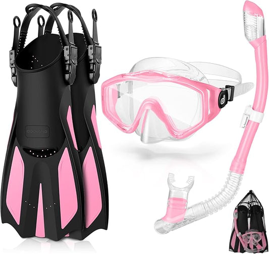 Odoland Kids Snorkeling Packages Snorkel Set, Dry Top Snorkel Mask with Adjustable Swim Fins for Boys and Girls Age 7-14
