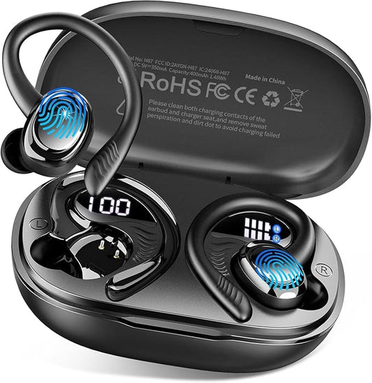Wireless Earbuds Sport, 2025 Bluetooth 5.4 Headphones with Earhooks, 50H Stereo Deep Bass Over Ear Buds with 4 ENC Noise Canceling Mics, IP7 Waterproof Earphones for Running Workout Gym -Black