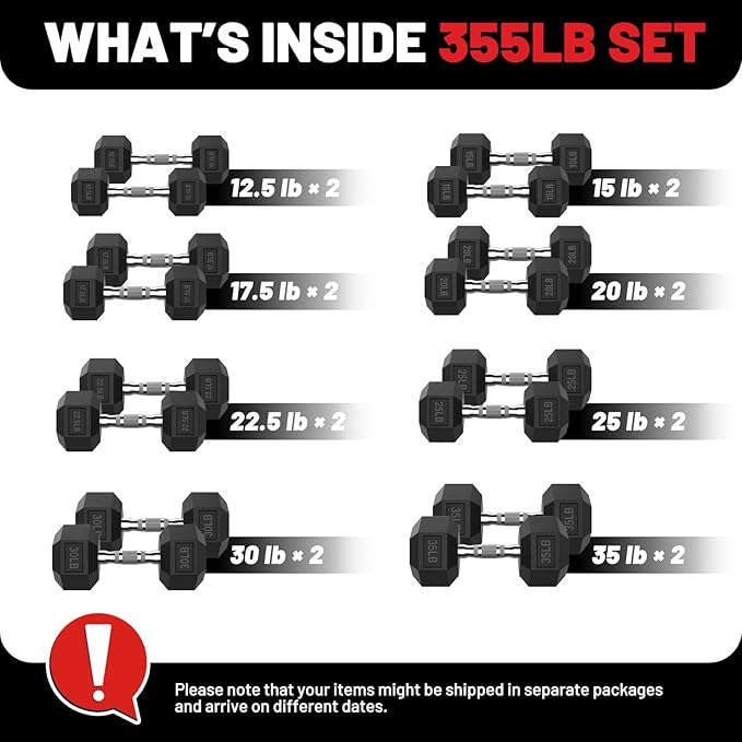 PAPABABE Hex Dumbbell Set 45-550 lb, Rubber Encased Home Gym Dumbbells, Weights Dumbbells for Women & Men, Hand Weight for Strength Training