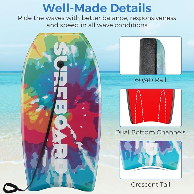 Goplus 41''/37''/33'' Lightweight Body Board for Beach, Surf Board with EPS Core, XPE Deck, HDPE Slick Bottom, Wrist Leash, Bodyboard for Kids Adults Surfing
