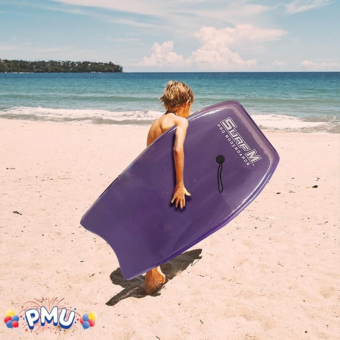 PMU 33 Inch Purple Bodyboard - Lightweight Wrist Leash, Slick Bottom Boards for Beach, Sea & Pool - Surfing Board for Kids, Teens & Adults Wave Conditions Pkg/1