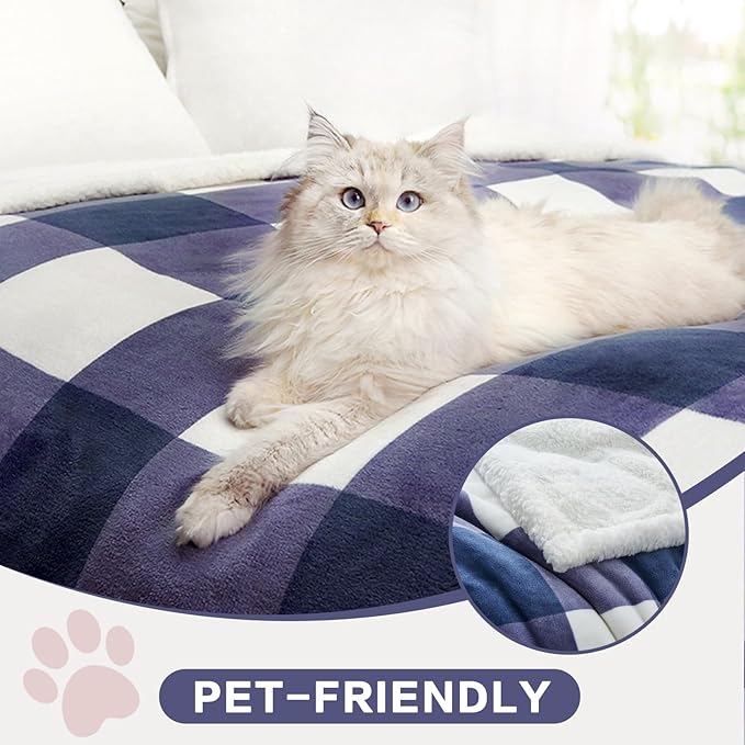 PU MEI Sherpa Blanket Fleece Throw Blanket Twin Plaid Thick Bed Blanket, Soft Warm Cozy Blue Checkered Throw Blanket 60"*80"