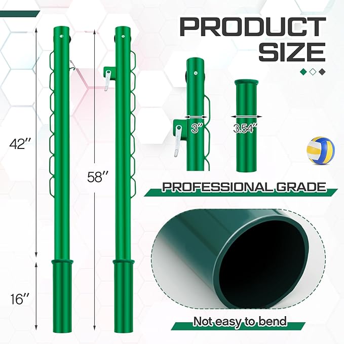 Tennis Posts with Net Crank Outdoor Heavy Duty Professional Green Tennis Permanent Court Kit for Net Quick Fixation System Equipped with a Cable Reel
