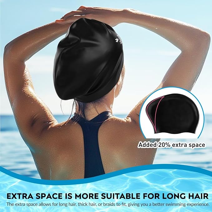 2 Pack Large Swim Caps for Long Hair, Silicone Swimming Cap for Adult Women Men, Waterproof Swim Hats Bathing Caps to Keep Hair Dry with Bonus Nose Clip and Earplugs