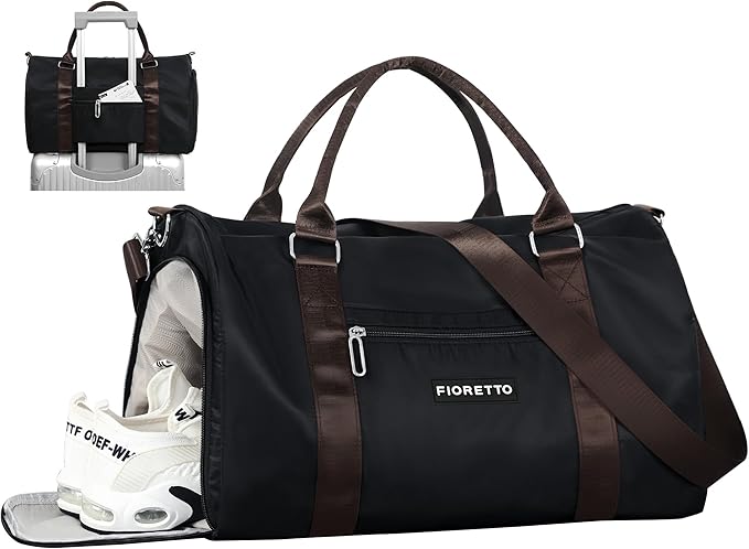 FIORETTO Womens Gym Tote Duffle Bag with Wet Pocket & Shoe Compartment, Sports Duffel Overnight Weekender Hospital Workout Carry on Bag for Girls, Ideal for Travel, Swimming, Dance, Ballet Black