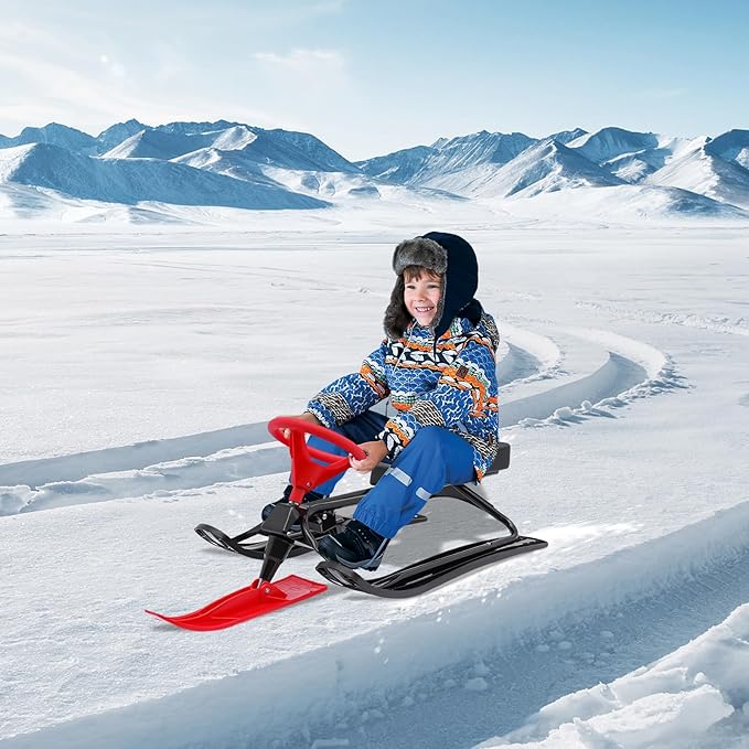 Snow Racer Sled, Ski Sled Slider Board with Steering Wheel, Twin Brakes, Anti-Slip Pedal, Snow Sled for Kids