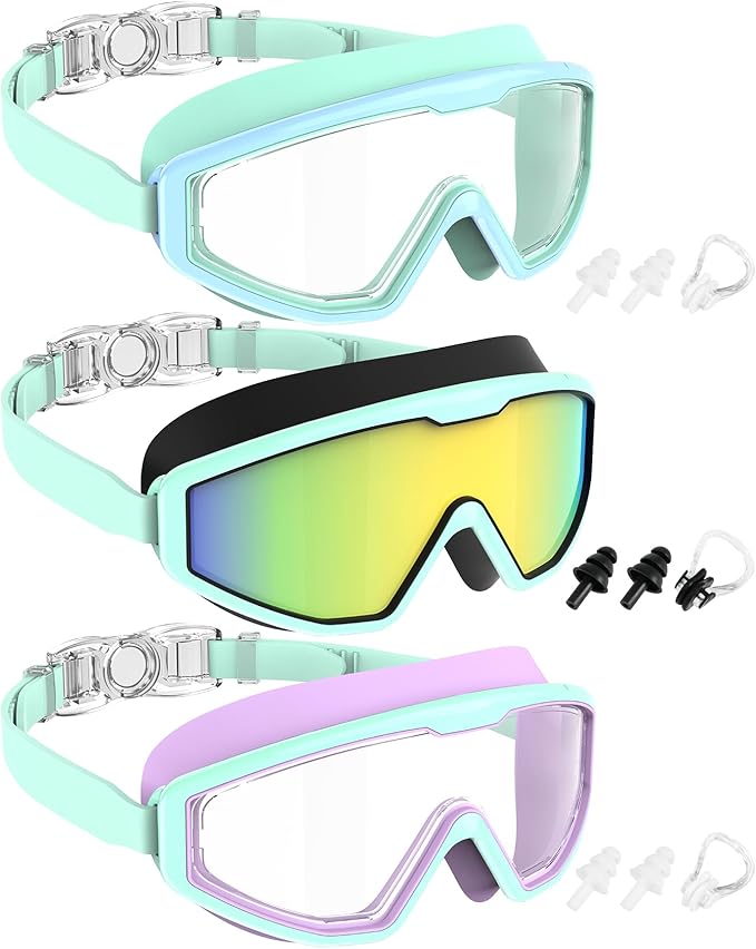 NSSIW Swim Goggles Swimming Kids-Goggles: Anti Fog No Leak with Nose Clip Earplugs for Girls Boys Youth 6-14 3 Pack