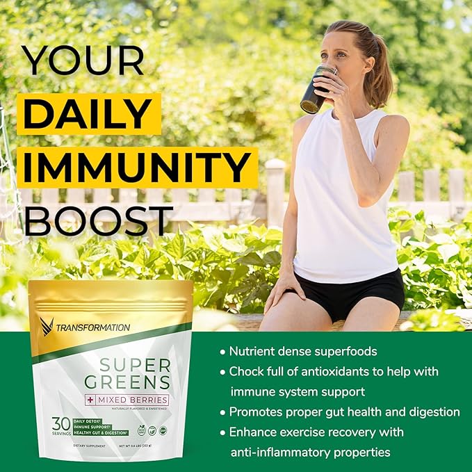 Transformation Super Greens Superfood Green Juice Powder - Immune & Energy Support | Natural Ingredients | Detoxifying & Alkalizing Minerals - Spirulina, Chlorella, Wheatgrass, Spinach, Alfalfa
