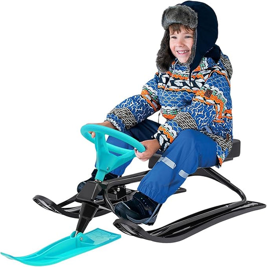 Snow Racer Sled for Kids, Dual Brakes Snowmobile Sled Ski with Steering Wheel, Snow Sledge for Skiing, Ice Skating, Sand Skating, Single Rider 45 x 20 x 15 inches