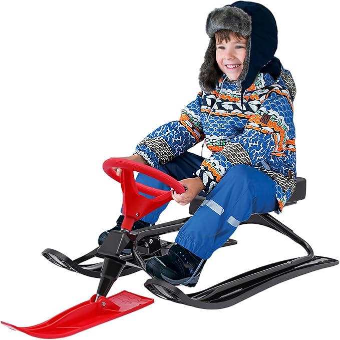 Snow Racer Sled with Steering Wheel and Brakes, Durable Steel Frame, Downhill Steerable Sled for 220 LBS Kids, Teenagers, Adults