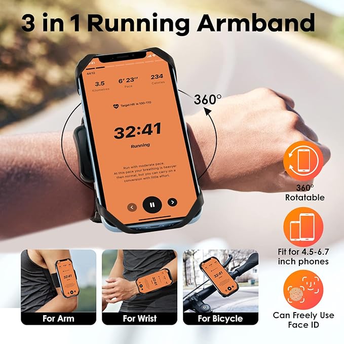 Cikyner Running Armband, Upgraded 3 in 1 Running Phone Holder Sports Armband Bicycle Phone Holder 360° Rotatable & Detachable Running Phone Armband for 4.5-7'' iPhone for Gym Running Hiking