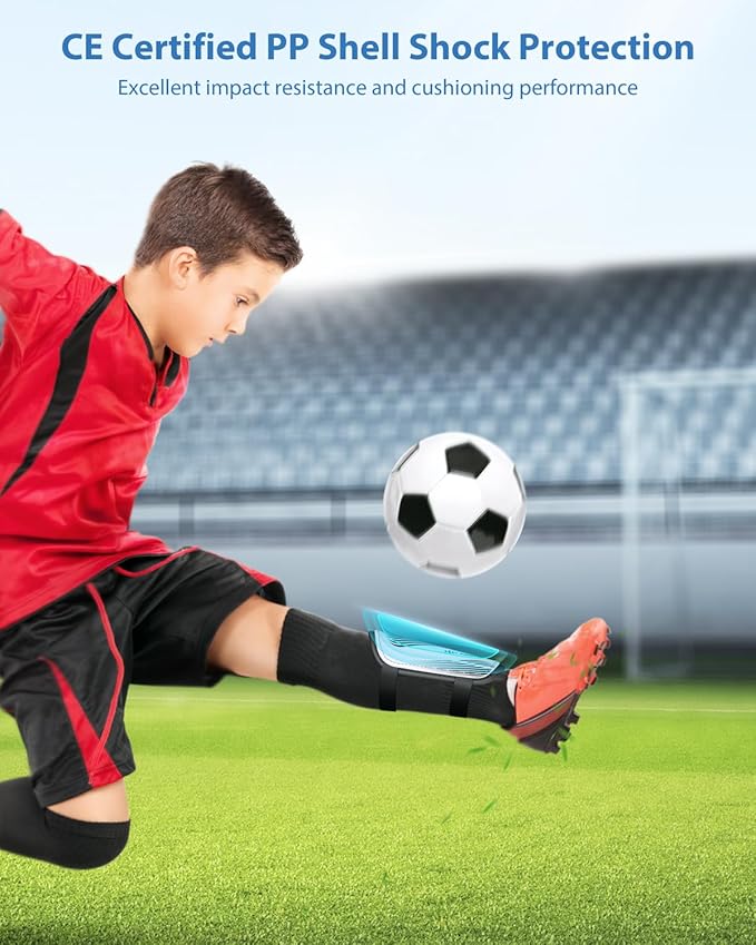 Shin Guards Soccer Kids Youth, CE Certified Airsfish Shin Guard Protection Gear for 2-18 Years Old Boys Girls Teenagers High Impact Resistant Breathable Comfortable 1 Pair 4 Sizes