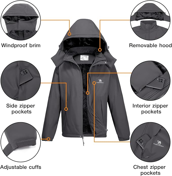 CAMEL CROWN Men's Winter Coat Waterproof Ski Jacket Fleece Lined Windproof Raincoat for Snow Outdoor Hiking Mountain