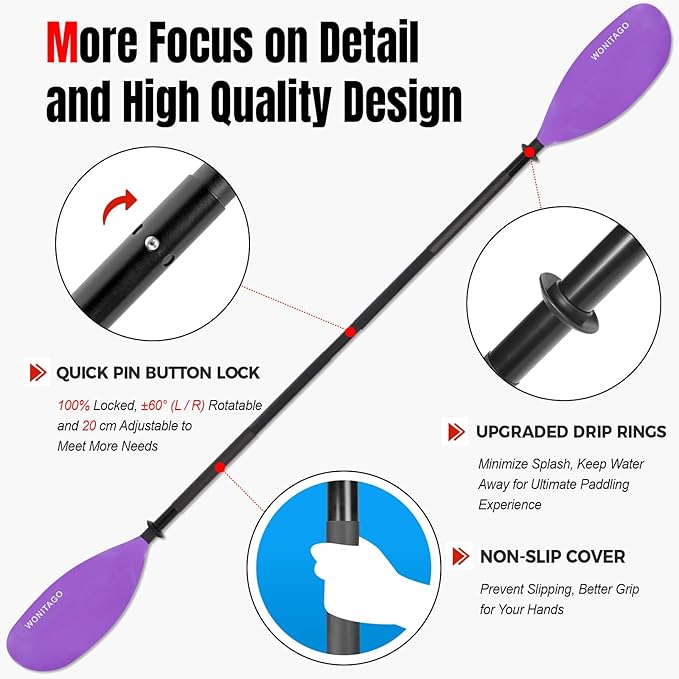 Kayak Paddles with Alloy Shaft and PP Blade, Floating Kayaking Oars, Adjustable 230-250 cm/90-98 Inches, 210-230 cm/82-90 Inches