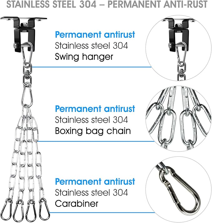 Yes4All Punching Bag Hanger, Stainless Steel Swivel Chain with 4 Snap Hooks for Heavy Bag, Gym Swing, Trapeze, and Hammock