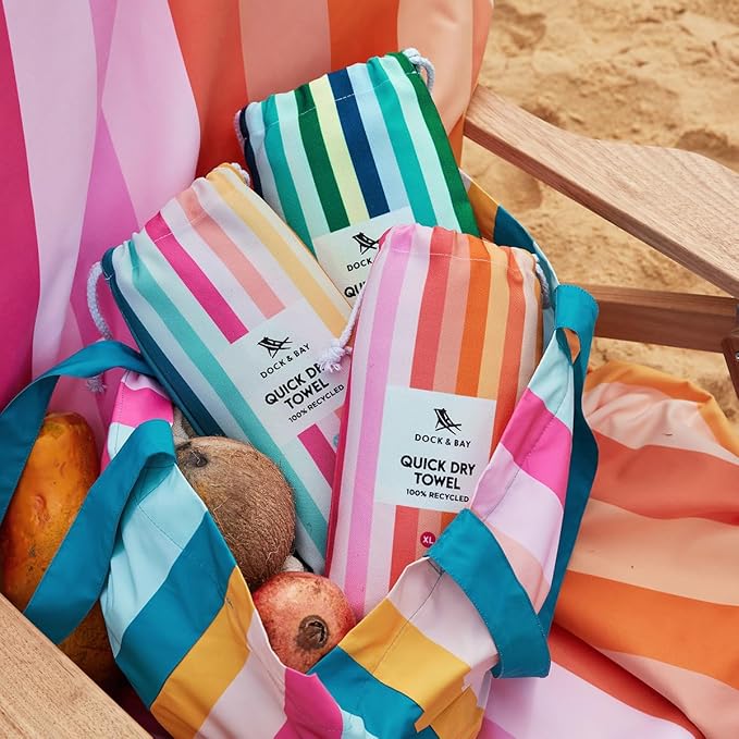 Dock & Bay Beach Towel - Quick Dry, Sand Free - Compact, Lightweight - 100% Recycled - Includes Bag - Rainbow Shores - Set of 4 - Extra Large (200x90cm, 78x35)