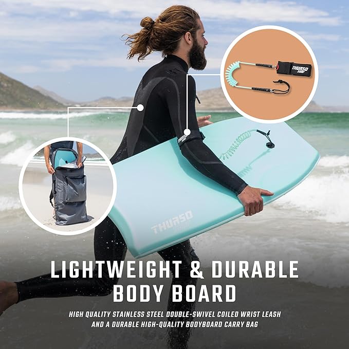 THURSO SURF 42'' Body Boards for Beach Pool Lightweight PE Core IXPE Deck HDPE Bottom FRP Stringers High Performance Body Board with Double Swivel Surf Leash and Bodyboard Bag Lightning