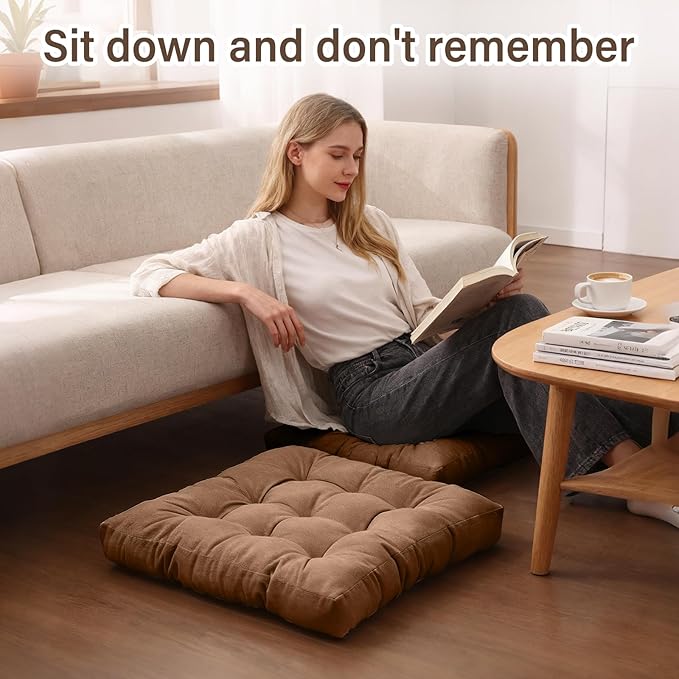 Tiita Meditation Floor Pillows, 22 Inch Square Floor Cushions for Adults, Thicken Tufted Seat Pad Set of 2, Large Floor Cushion for Yoga Garden Living Room Balcony Office Tatami, Coffee