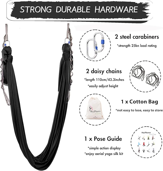 5.5 Yards Aerial Silks Yoga Swing Set - Aerial Yoga Hammock Kit Anti-Gravity Flying for Fitness, Low/Non Stretch Nylon Tricot Fabric Hardware Included for Dance