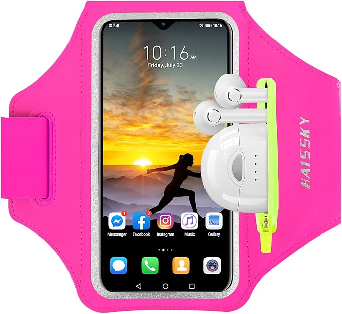 Running Armband with Earphone Bag Cell Phone Armband for iPhone 16 15 Pro 14 Plus 13 11 XR XS, Galaxy S24/S10 Water Resistant Sports Phone Holder Case & Zipper Slot Car Key Holder for 6.7 inch Phone