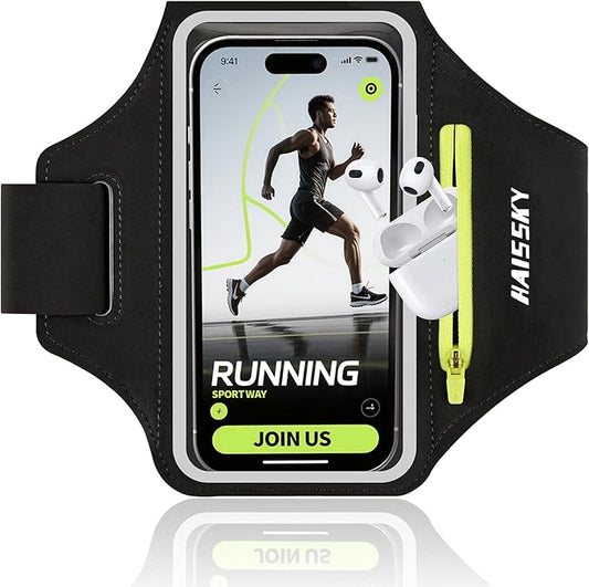 Running Armband with Earphone Bag for iPhone 16/15/14 Max/Pro/Plus & Galaxy S20/S10, Touchscreen Compatible, Phone Holder for Running with Card Slot & Key Pockets, Fit Up to 6.9 Phone