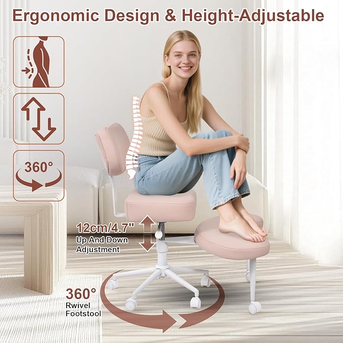 Meditation Chair Cross Legged ADHD Office Chair for Adults with Wheels Ergonomic Back Support and Leg Rest for Multi Position Criss Cross Sitting Kneeling and Yoga Height Adjustable, Leather Style