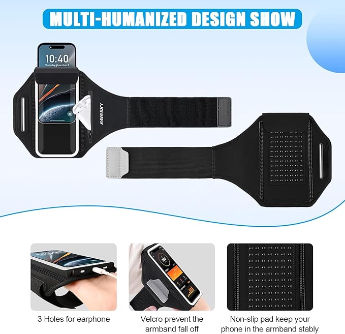 Running Phone Armband with Earphone Holder - 3D Design Cell Phone Armband for iPhone 15/14/13 Pro/Plus & Galaxy S20/S10, Water Resistant Sports Phone Holder with Key Slot for 6.9" Device
