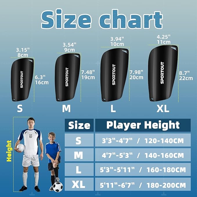 Sportout Soccer Shin Guards - Shin Guards Soccer Kids Youth Adult Protective Shin Pads with Sleeves and Insert Pocket for Boys Girls for Age 4-6, 6-8, 8-10,10-12,12-14,14-Adult