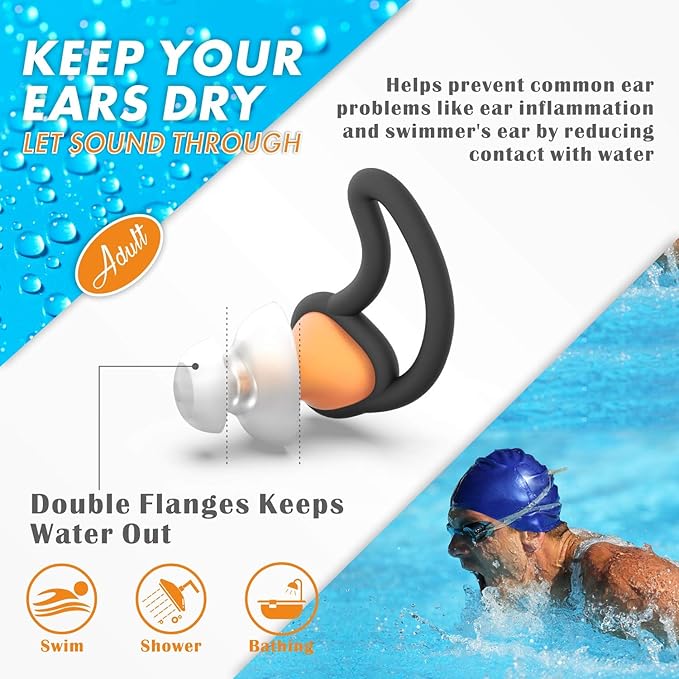 Hearprotek Ear Plugs for Swimming, [2 Pairs] Swim Ear Plugs Adults-Waterproof Silicone Water earplugs for Men Women Juniors Swimmers Pool Shower Bathing (Orange)