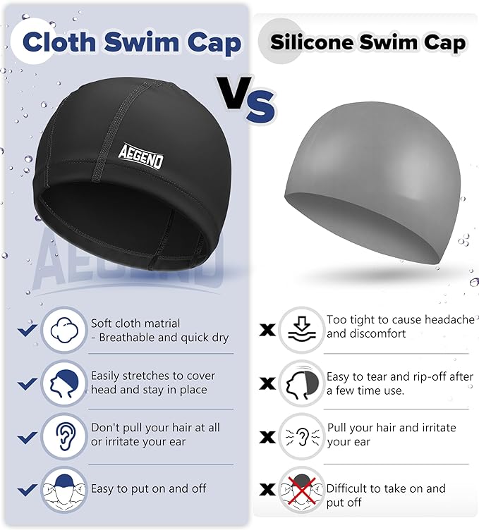 Aegend Fabric Swim Cap, Silicone Waterproof Layer - Breathable Cloth Swimming Cap, Keep Hair Dry with Hight Elasticity for Youth(8-16) Adult, 2 Sizes to Choose