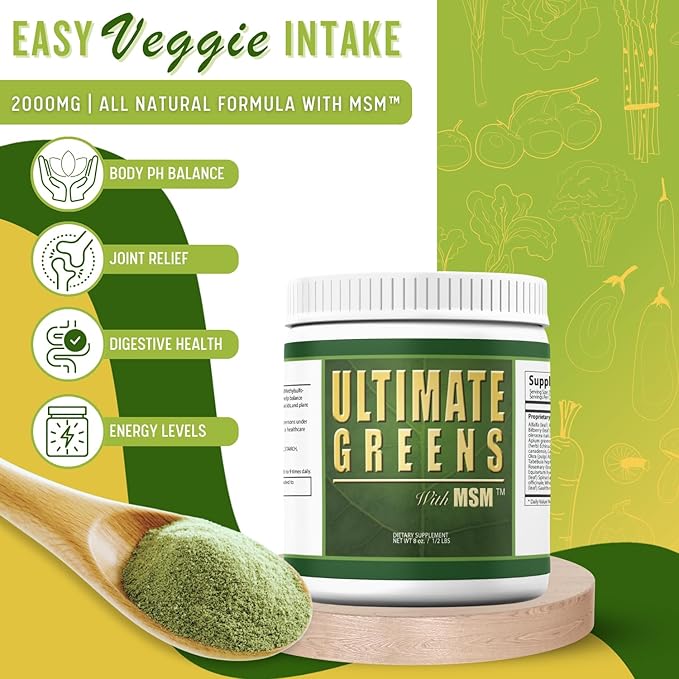 Ultimate Greens Powder Immune Support Vegan Friendly Vegetable Alkalize Drink NO GMO Gluten Soy Free 8oz 3 Pack