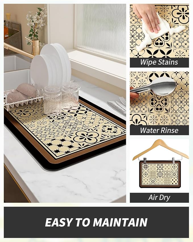 AMOAMI Coffee Mat Hide Stain Rubber Backed Absorbent Dish Drying Mat for Kitchen Counter - Fits Under Coffee Maker or Machine - Khaki 17x31.5