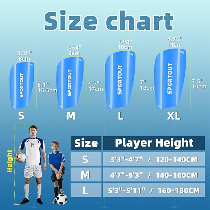 Sportout Soccer Shin Guards - Shin Guards Soccer Kids Youth Adult Protective Shin Pads with Sleeves and Insert Pocket for Boys Girls for Age 4-6, 6-8, 8-10,10-12,12-14,14-Adult