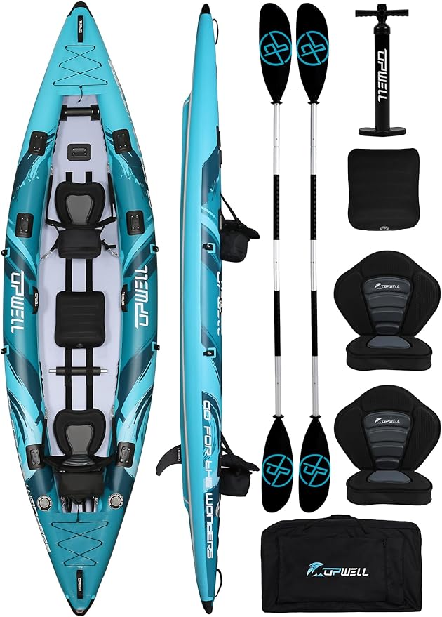 UPWELL 11'/14'6”Inflatable Kayak with Drop Stitch Floor and Accessories Including Kayak Seat with Thickened Cushion, Paddle, Fin, Repair Kits, Carry Bag and Hand Pump