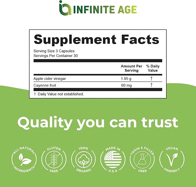 INFINITE AGE 1950mg Apple Cider Vinegar Capsules, 90 Count - Made in The USA, Vegan, Gluten Free, All-Natural - with 60mg Cayenne Fruit - No Fillers, Ultra Concentrated