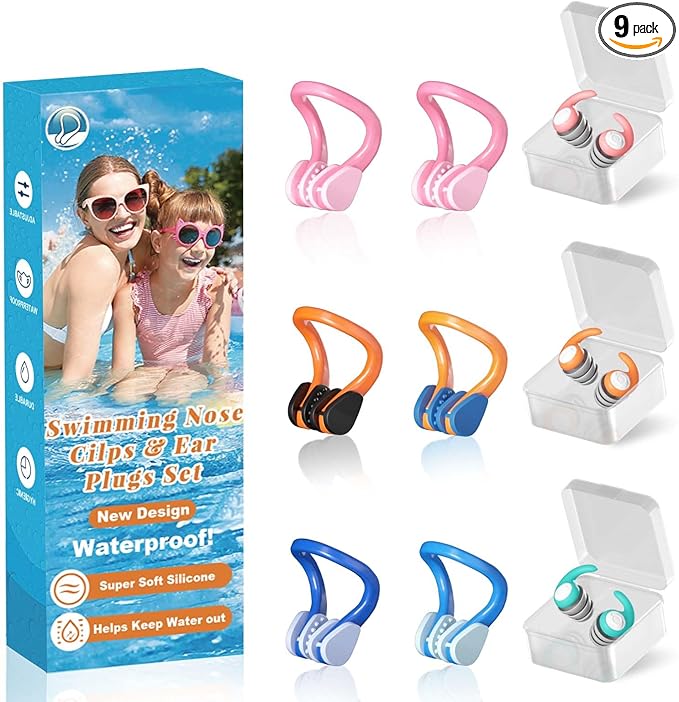 Swimming Nose Clip Ear Plugs - 9 Packs Silicone Swim Nose Plugs with Earplugs for Kids,Waterproof Pool Nose Plug for Diving Surfing and Other Water Sports with Storage Box,Multi-Color
