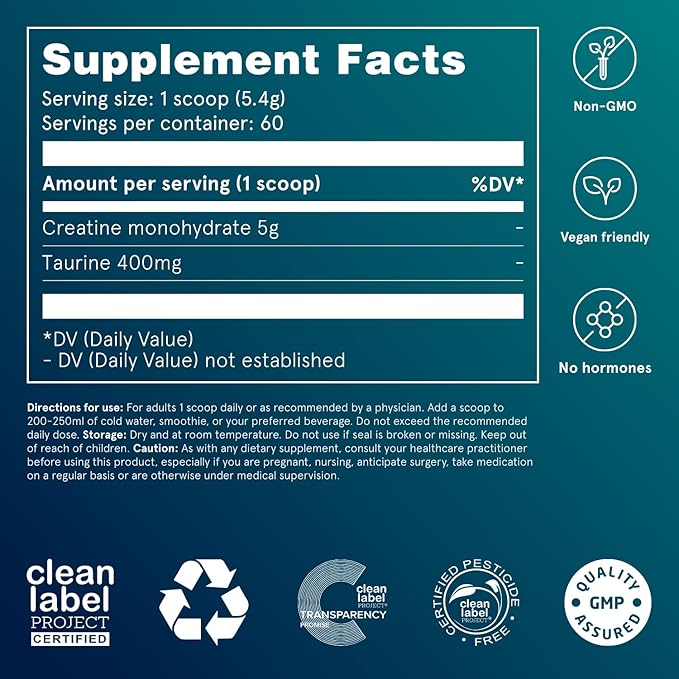 Puori Creatine Monohydrate Powder with Taurine - Unflavored Creatine Powder, Pre-Workout Supplement for Men & Women - Muscle Builder, Enhanced Workout Performance & Strength Building - 60 Servings