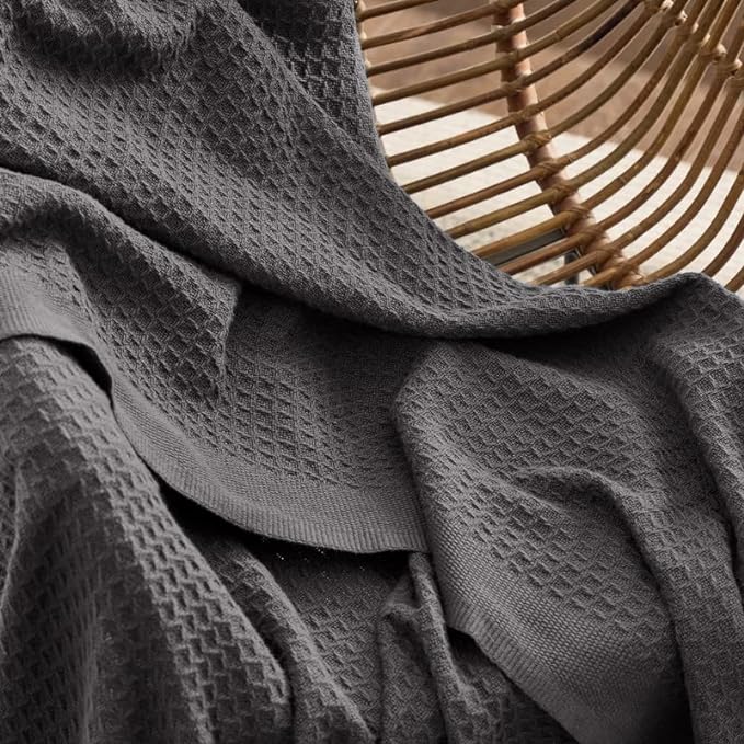 Bedsure 100% Cotton Blanket Twin XL Size for College Dorm - Breathable and Soft, Waffle Weave Twin Blanket for Summer, Dorm Room Essentials, Dark Grey, 66x90 inches
