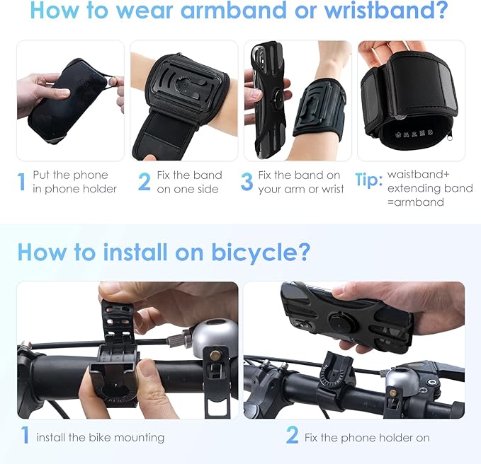 Cikyner Running Armband, 3 in 1 Running Phone Holder Sports Armband Bicycle Phone Holder 360° Rotatable & Detachable Running Phone Armband for 4.5-7'' iPhone Huawei for Gym Running Hiking