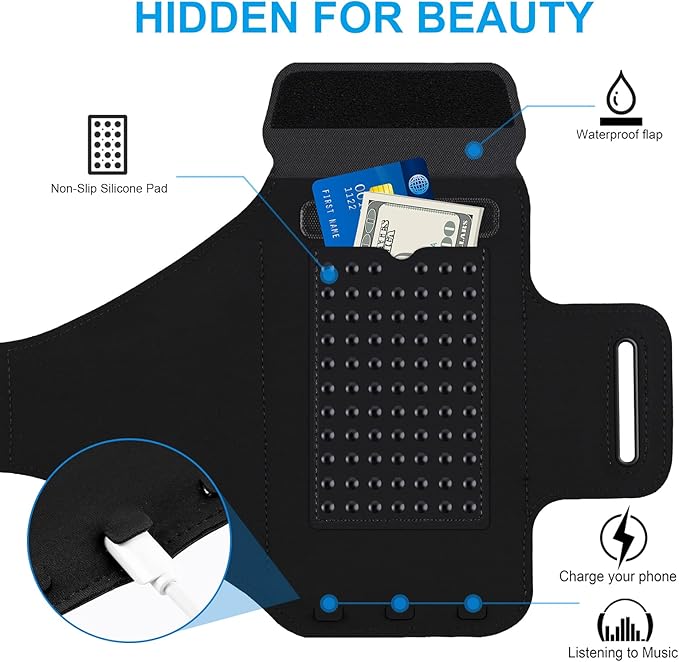 Running Armband with Earphone Bag Cell Phone Armband for iPhone 16 15 Pro 14 Plus 13 11 XR XS, Galaxy S24/S10 Water Resistant Sports Phone Holder Case & Zipper Slot Car Key Holder for 6.9 inch Phone