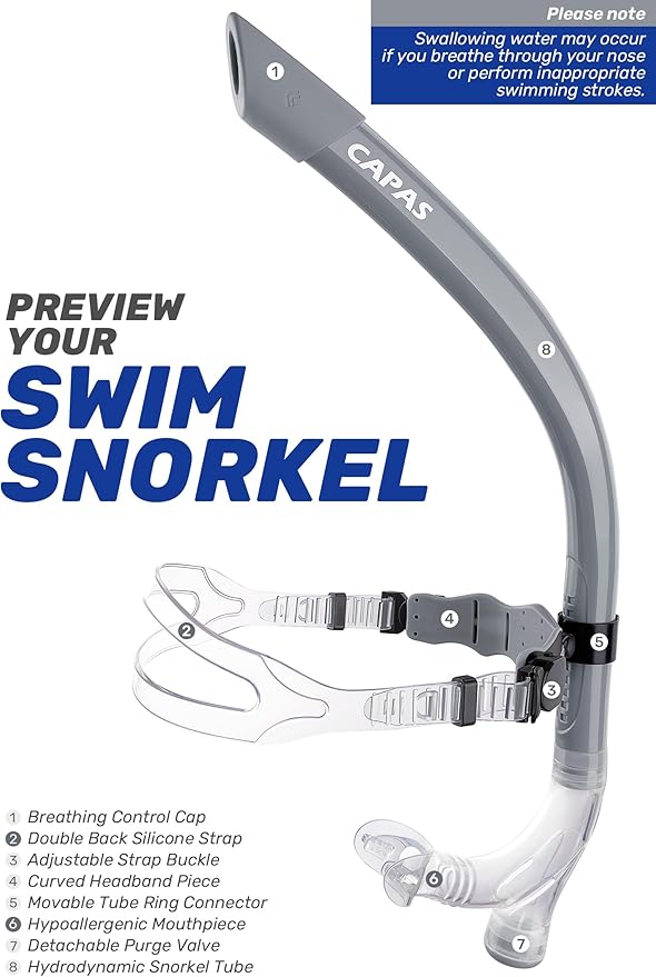 CAPAS Training Swim Snorkel for Lap Swimming, Swivel Headband Ultimate Fit Center-Mount Swimmers Snorkel with Liquid Silicone Mouthpiece Adjustable Strap, Designed for Adult Men Women