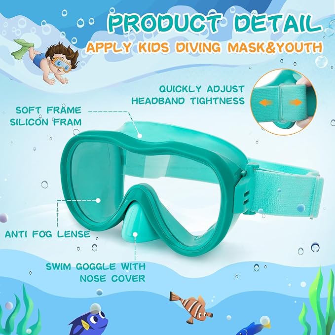 Kids Swim Goggles 180° Snorkel Diving Mask with Nose Cover, Anti-Fog Kids Swimming Goggles with Elastic Fabric Strap for Kids Boys Girls