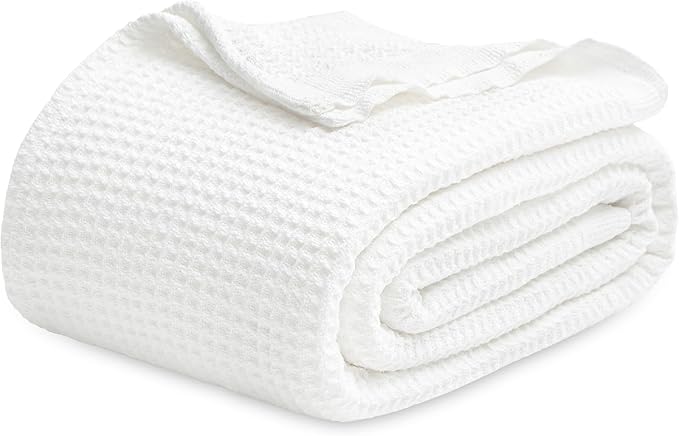 Bedsure 100% Cotton Blanket Queen Size for Bed - Breathable and Soft, Waffle Weave Blanket for Summer, Thick Cozy Fall Blankets for Women Gift, White, 90x90 Inches