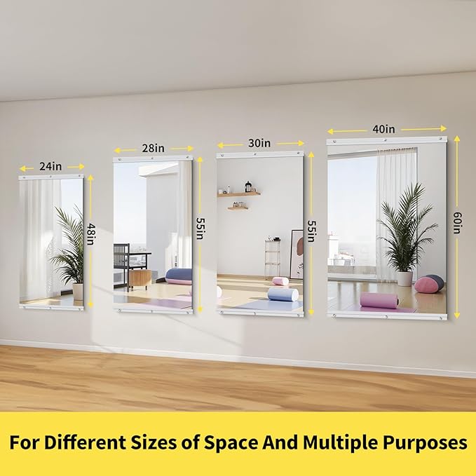Home Gym Mirror - 48x24 Inch, 2PCS Frameless Tempered Glass Full Body Mirror for Wall Mount - Ideal for Yoga, Workout, Bedroom, Dance Studio (Silver)