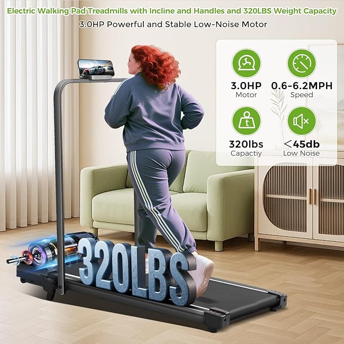 Walking Pad with Incline and Handle Bar, 3.0HP Portable Electric Walking Pads Treadmill with Handles for Home Small Spaces, 0.6-6.2 MPH Compact Small Under The Desk Treadmills Home, 320LBS Capacity