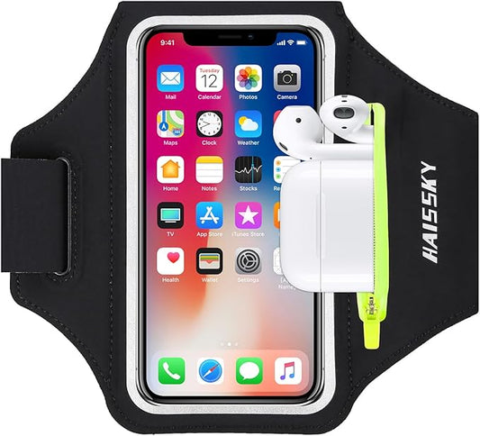 Running Armband with Earphone Bag Cell Phone Armband for iPhone 16 15 Pro 14 Plus 13 11 XR XS, Galaxy S24/S10 Water Resistant Sports Phone Holder Case & Zipper Slot Car Key Holder for 6.7 inch Phone