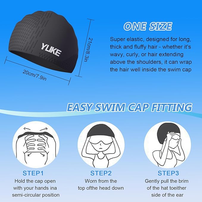 Silicone Swim Cap for Long Hair Adults Women Men, Waterproof Stretchy Swimming Caps, Durable Tear Resistant Bathing Cap