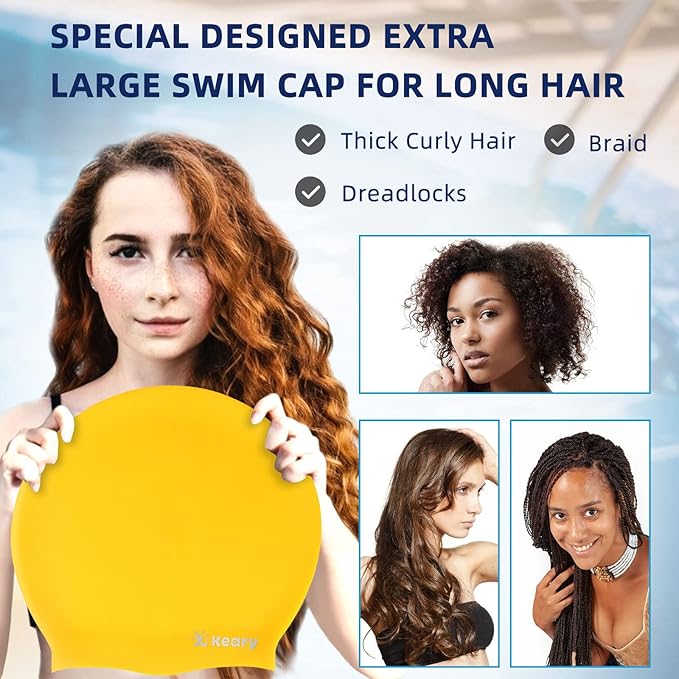 Keary Extra Large Swim Cap for Braids and Dreadlocks Extensions Weaves Long Hair, Waterproof Silicone Cover Ear Bath Pool Shower Swimming Cap for Adult Youth to Keep Hair Dry, Easy to Put On and Off