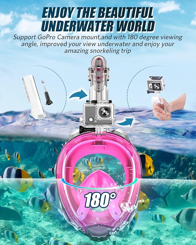 QingSong Full Face Snorkel Mask for Adults, Snorkeling Gear with Camera Mount, 180 Degree Panoramic View Snorkel Set Anti-Fog Anti-Leak