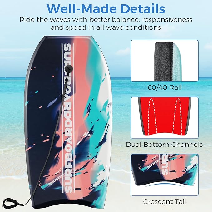 Goplus 41''/37''/33'' Lightweight Body Board for Beach, Surf Board with EPS Core, XPE Deck, HDPE Slick Bottom, Wrist Leash, Bodyboard for Kids Adults Surfing